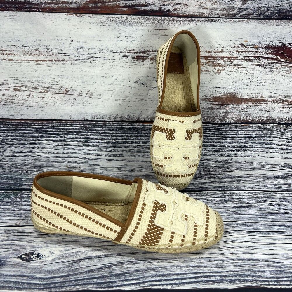NEW Tory Burch Shaw Espadrille White Tan Logo Canvas Flats Women’s Size 10